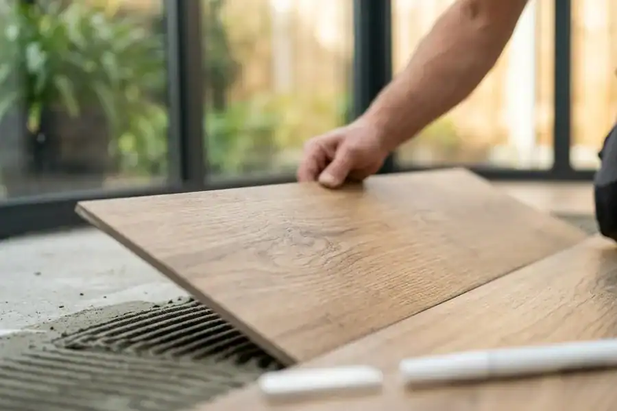 Close-up van een vakman die houtlook keramische tegels legt in een serre