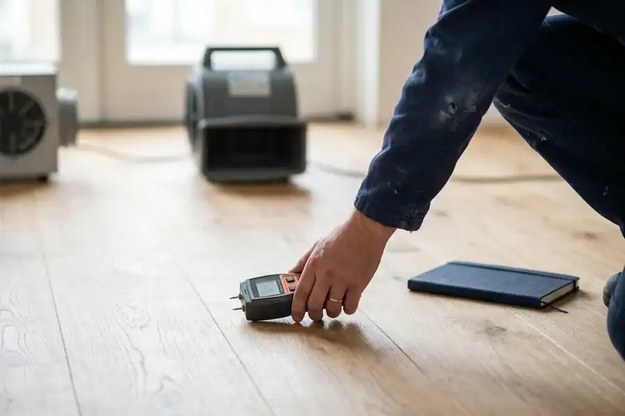 Hand met vochtmeter op een houten vloer terwijl een bouwdroger op de achtergrond staat tijdens het drogen na lekkage