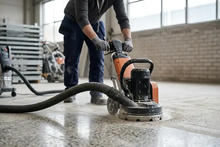 Vloer-specialist schuurt een betonvloer met diamantschijven en industriële stofzuiger als voorbereiding op impregneren