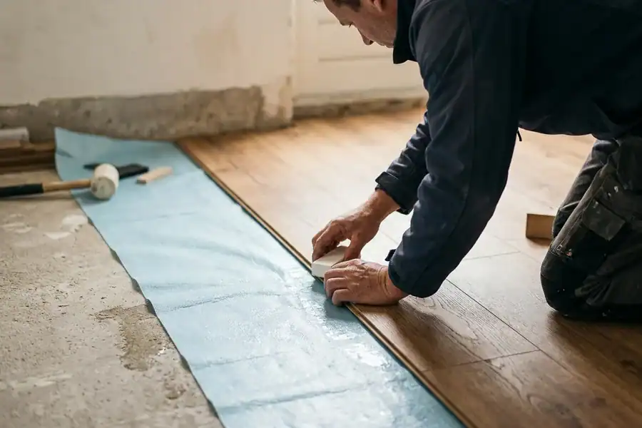 Vakman legt click-laminaat met blauwe dampwerende ondervloer op een betonnen ondervloer